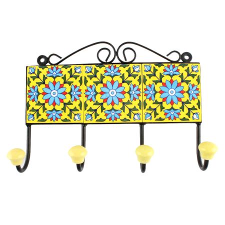 Yellow Base Turquoise Sunflower Ceramic Tile Hook